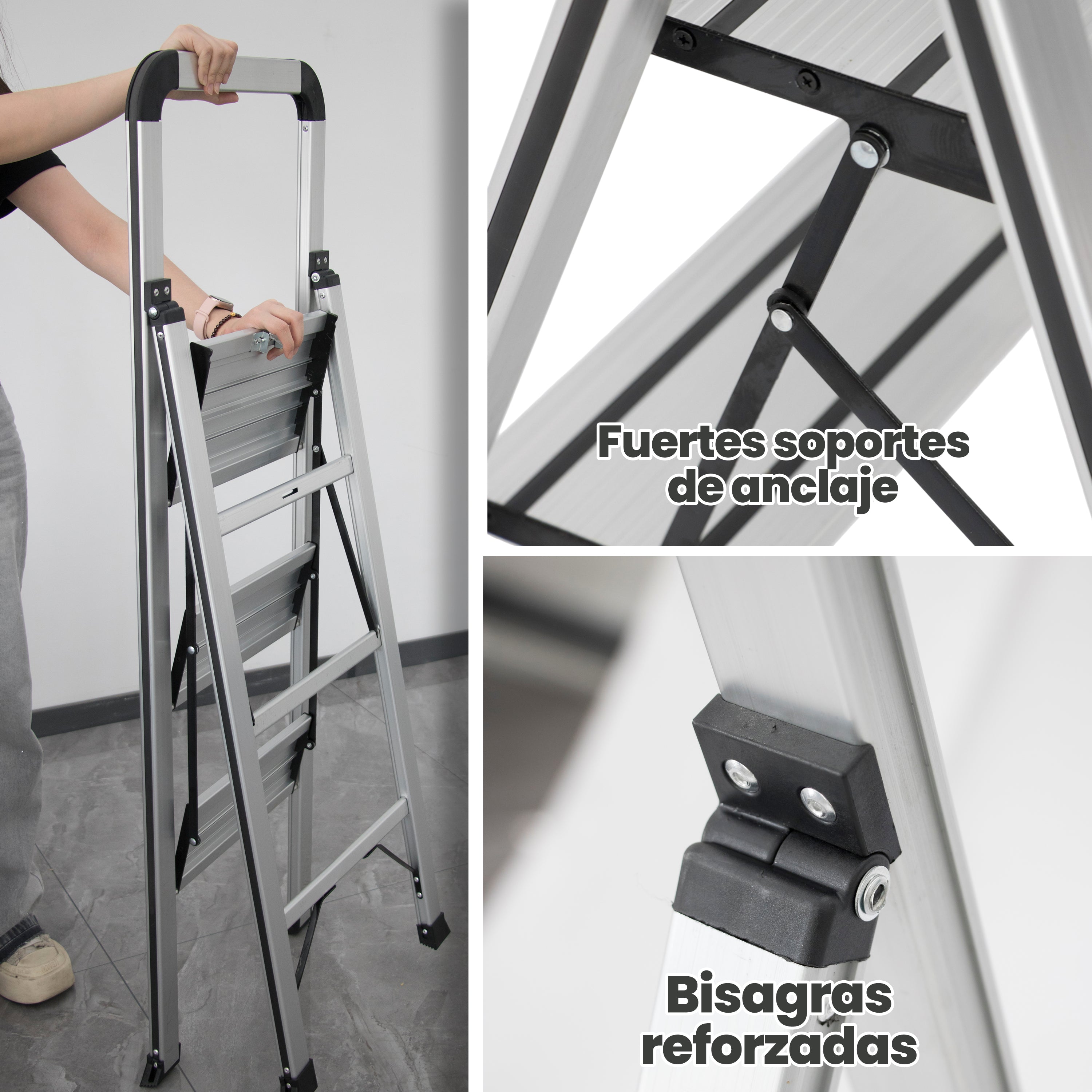 Escalera de Aluminio 3 Peldaños Anchos Antideslizantes