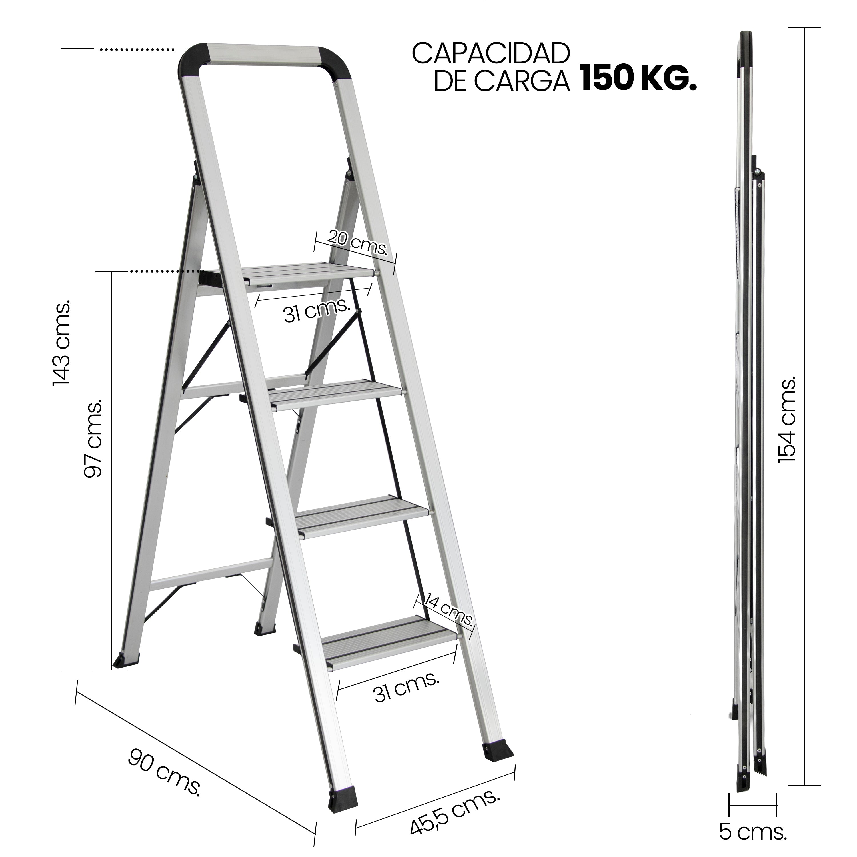 Escalera de Aluminio 4 Peldaños Anchos Antideslizantes