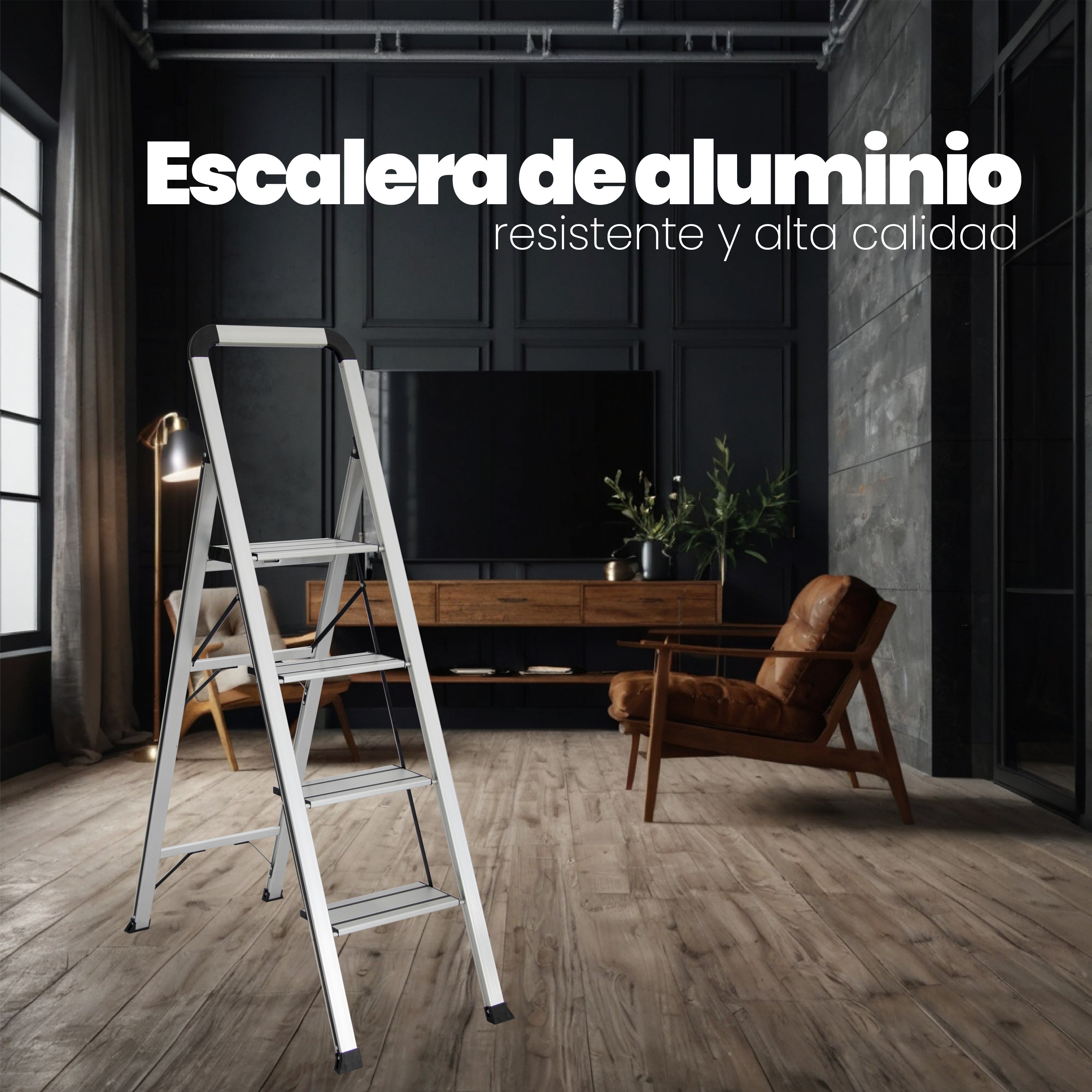 Escalera de Aluminio 4 Peldaños Anchos Antideslizantes
