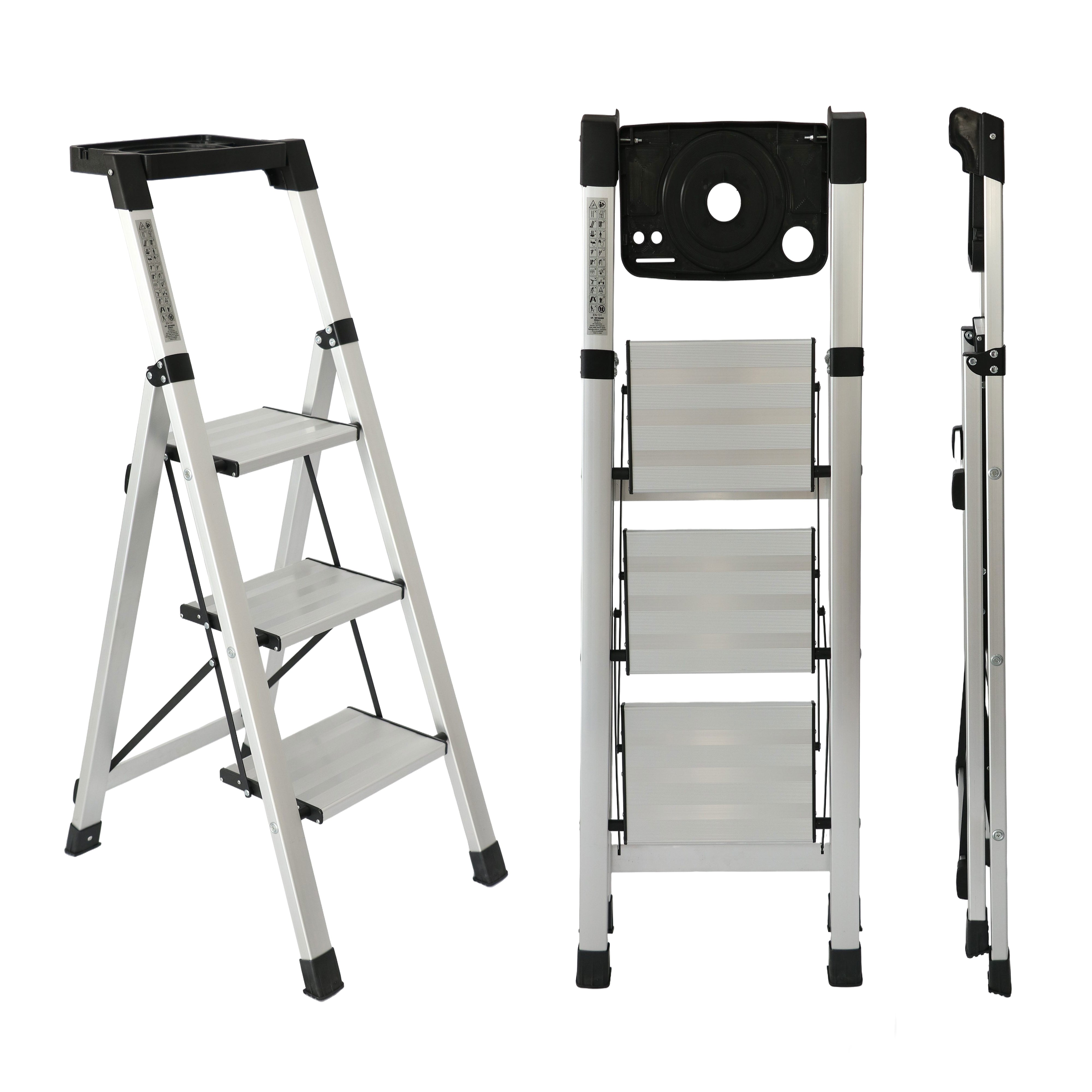 Escalera de aluminio 3 Peldaños Anchos Antideslizantes ALU-HGREY-03