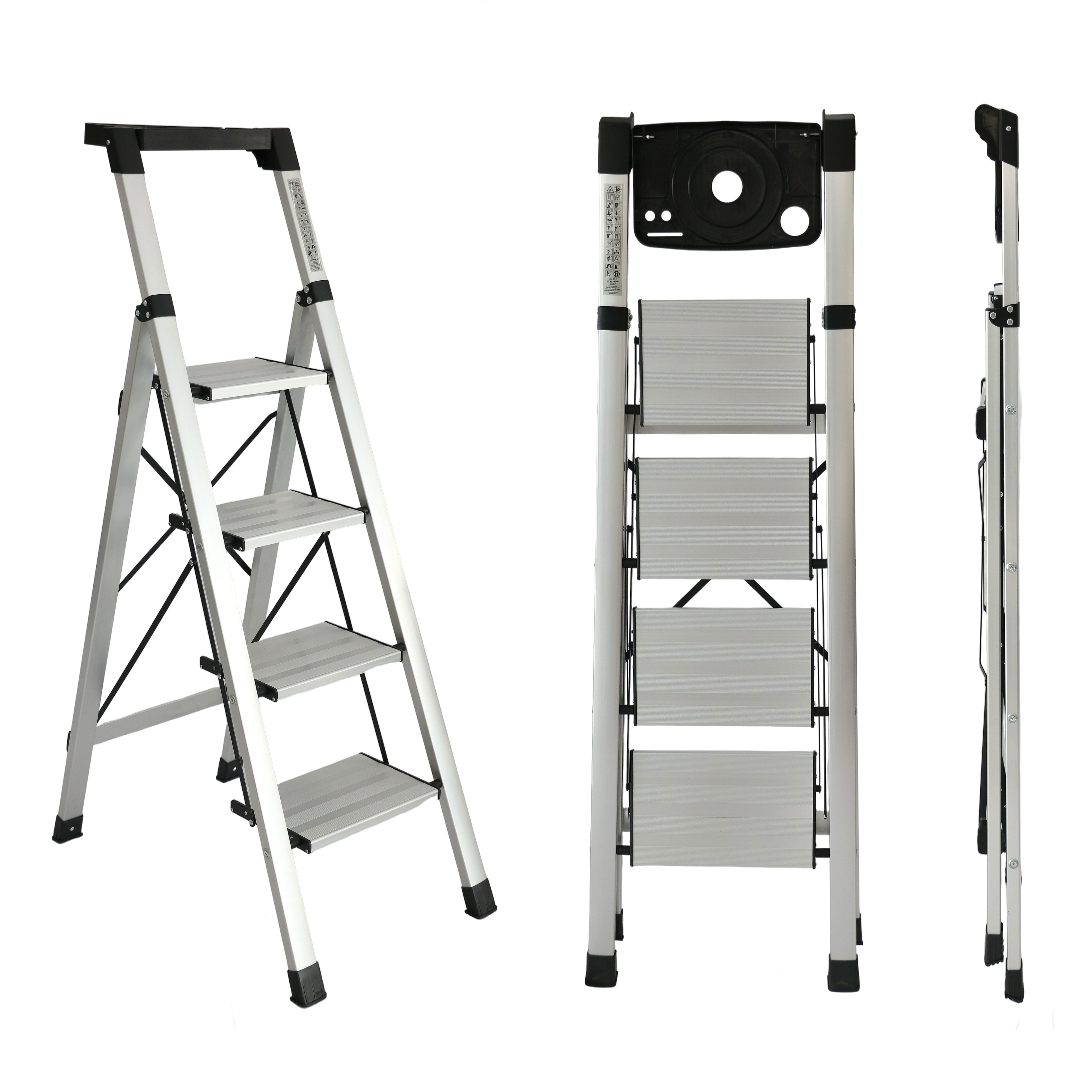 Escalera de aluminio 4 Peldaños, Portaherramientas peldaños Anchos Antideslizantes