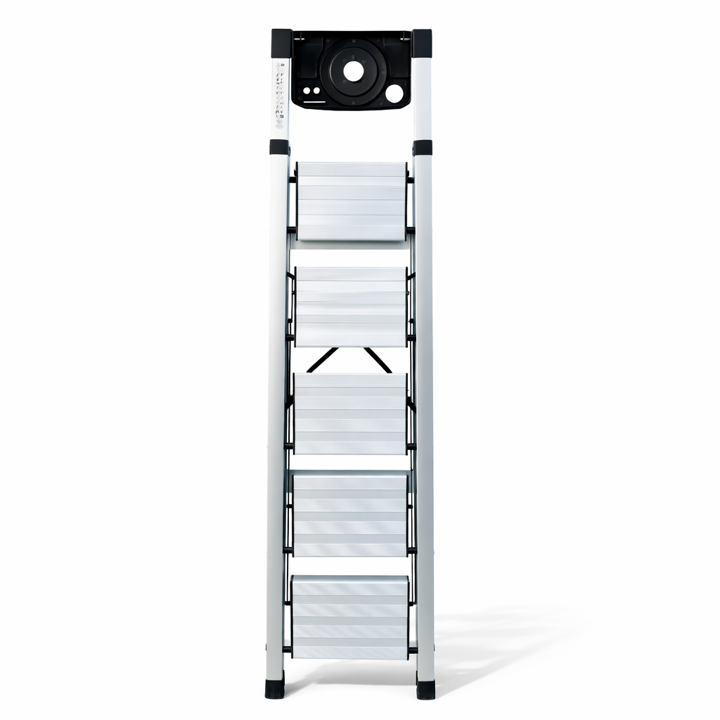 UZIRO Escalera Plegable 5 Peldaños, Escaleras Plegables de Aluminio Liviana, Porta Herramientas, Peldaños Anchos Antideslizantes, Scada para Trabajo, Compacta, Fácil de Utilizar