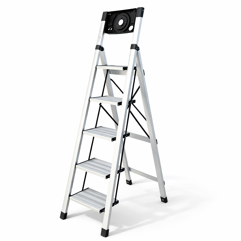 UZIRO Escalera Plegable 5 Peldaños, Escaleras Plegables de Aluminio Liviana, Porta Herramientas, Peldaños Anchos Antideslizantes, Scada para Trabajo, Compacta, Fácil de Utilizar