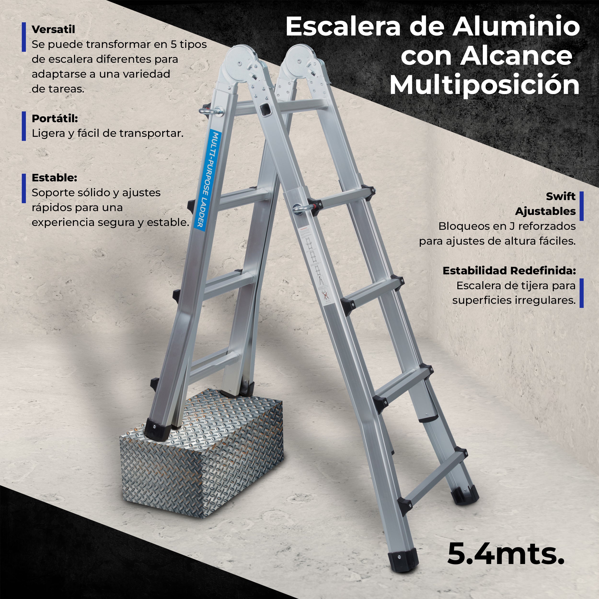 UZIRO Escalera Telescópica Plegable Articulada de Aluminio 4x4, Escaleras Multiposición Extensibles 3,99 M, 4 Peldaños, Soporta hasta 150 KG, Plegable y Compacta.
