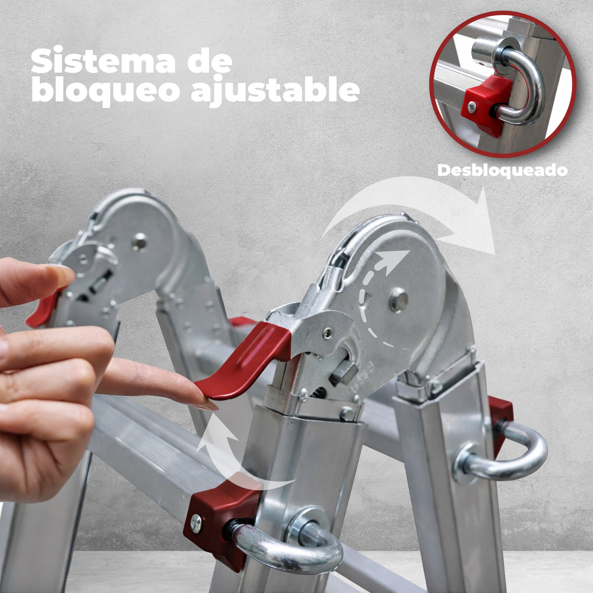UZIRO Escalera telescópica articulada de aluminio 4×5, 5,19 m con estabilizador y ruedas