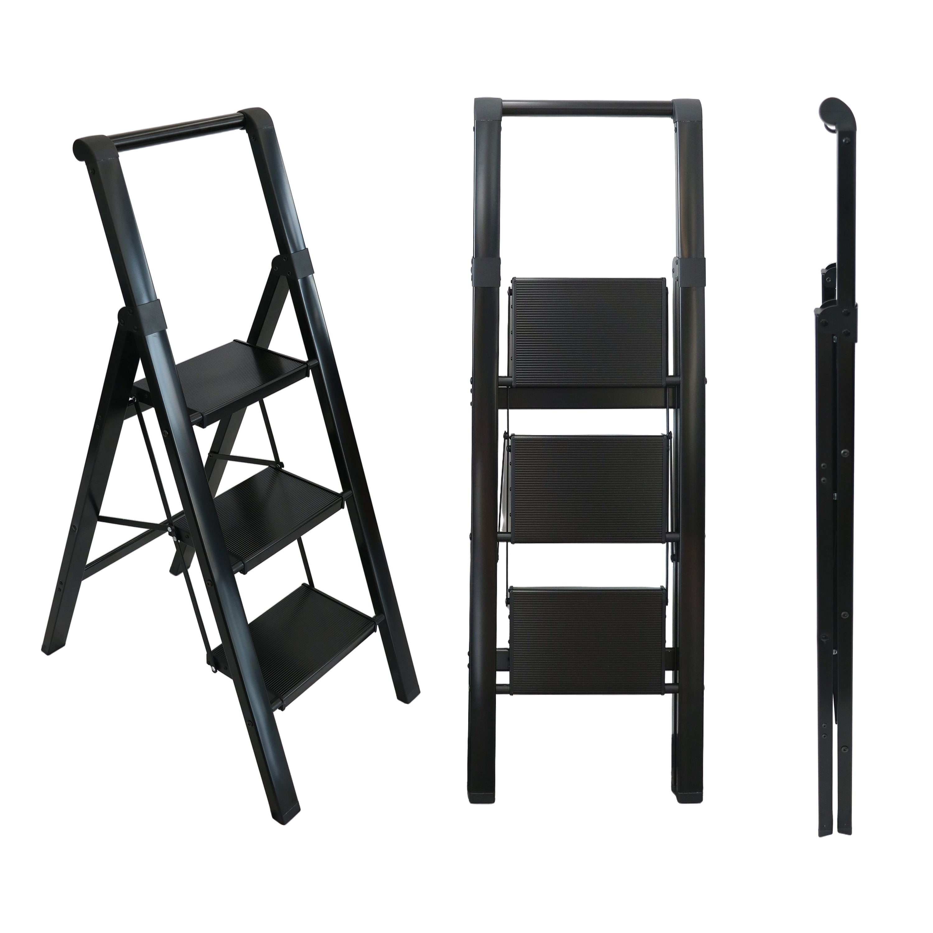 Escalera Aluminio Plegable 3 Peldaños Antideslizante de Aluminio color Negro
