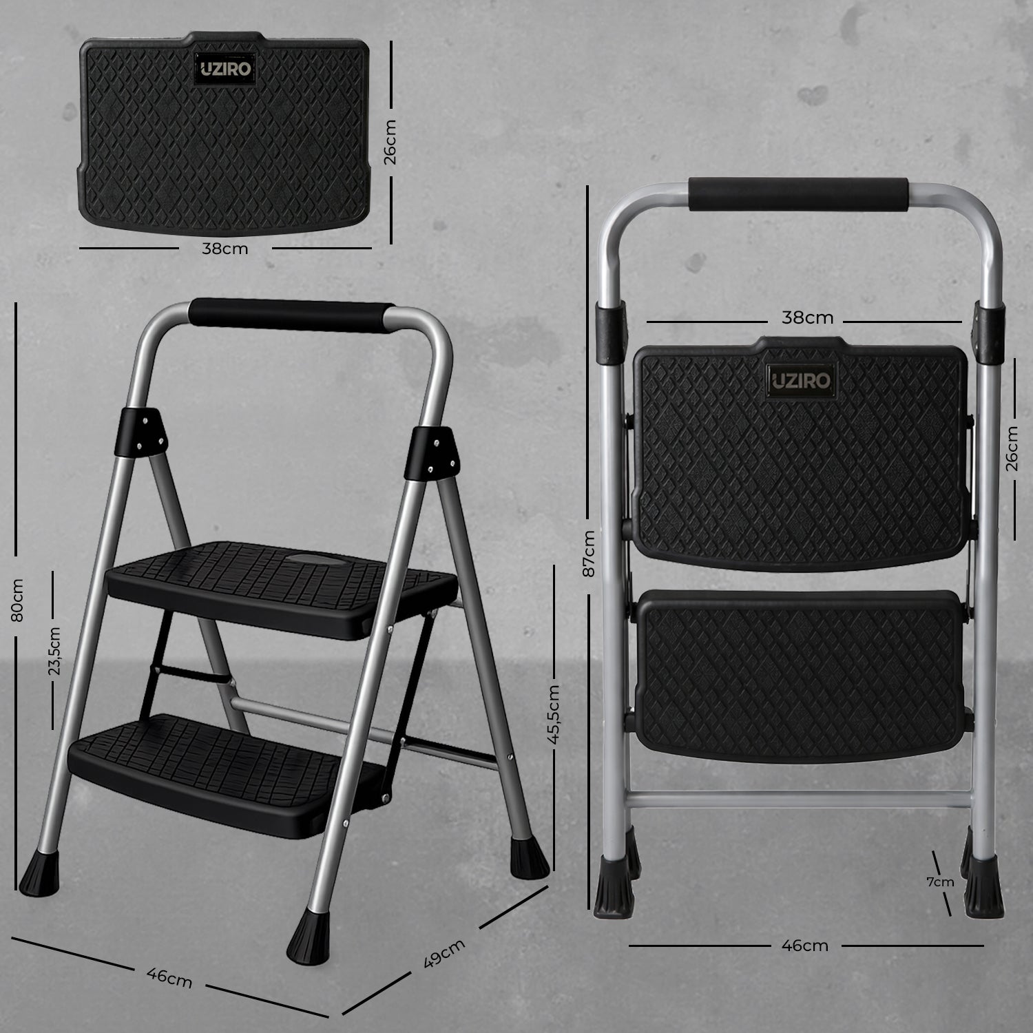 UZIRO Escalera Plegable 2 Peldaños, Estructura de Acero y Aluminio, Color Plateado, Peldaños Antideslizantes, Asa de Goma, para Hogar, Cocina, Oficina y Bricolaje