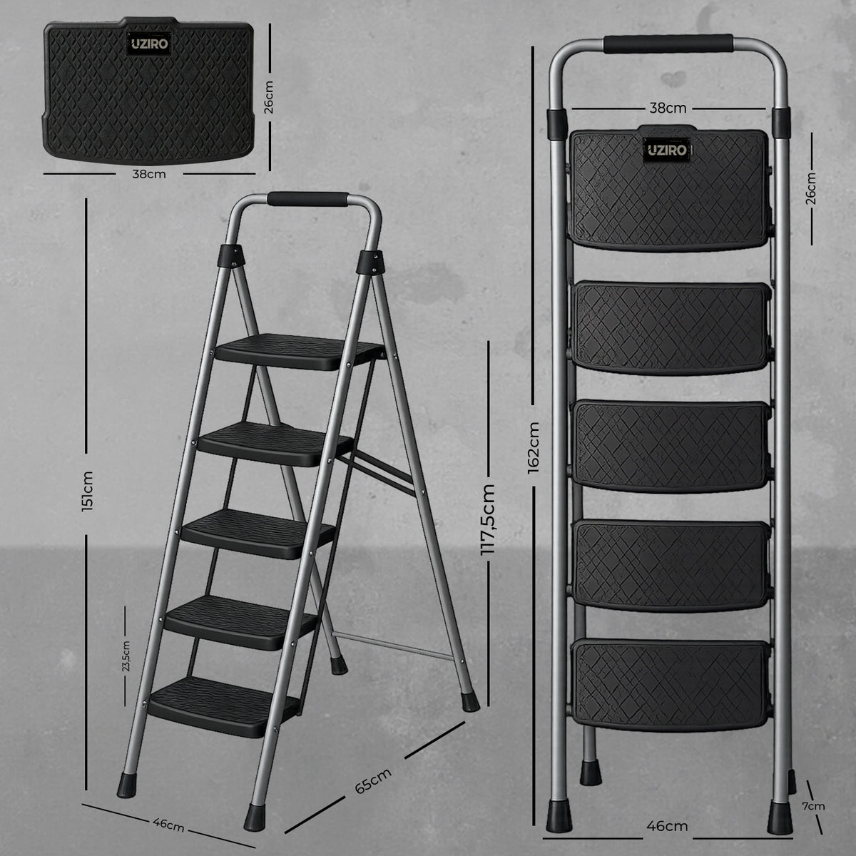 UZIRO Escalera Plegable 5 Peldaños de Acero y Aluminio, Escalera Pequeña Plateada con Peldaños Antideslizantes, Asa de Goma, para Hogar, Cocina, Oficina y Bricolaje