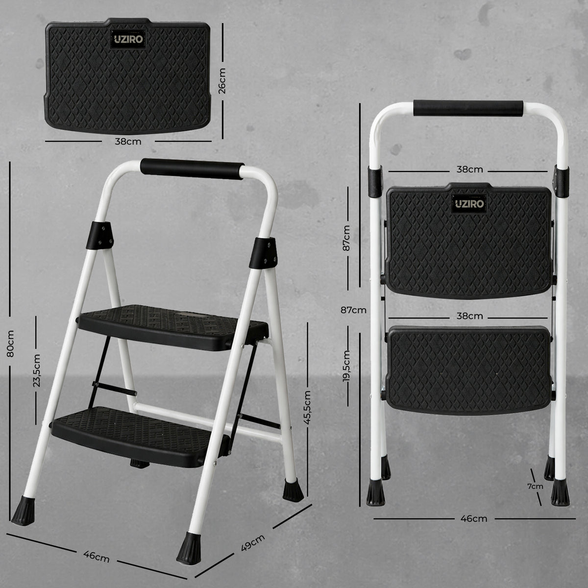 UZIRO Escalera liviana plegable de 2 peldaños, acero y aluminio con asa de goma
