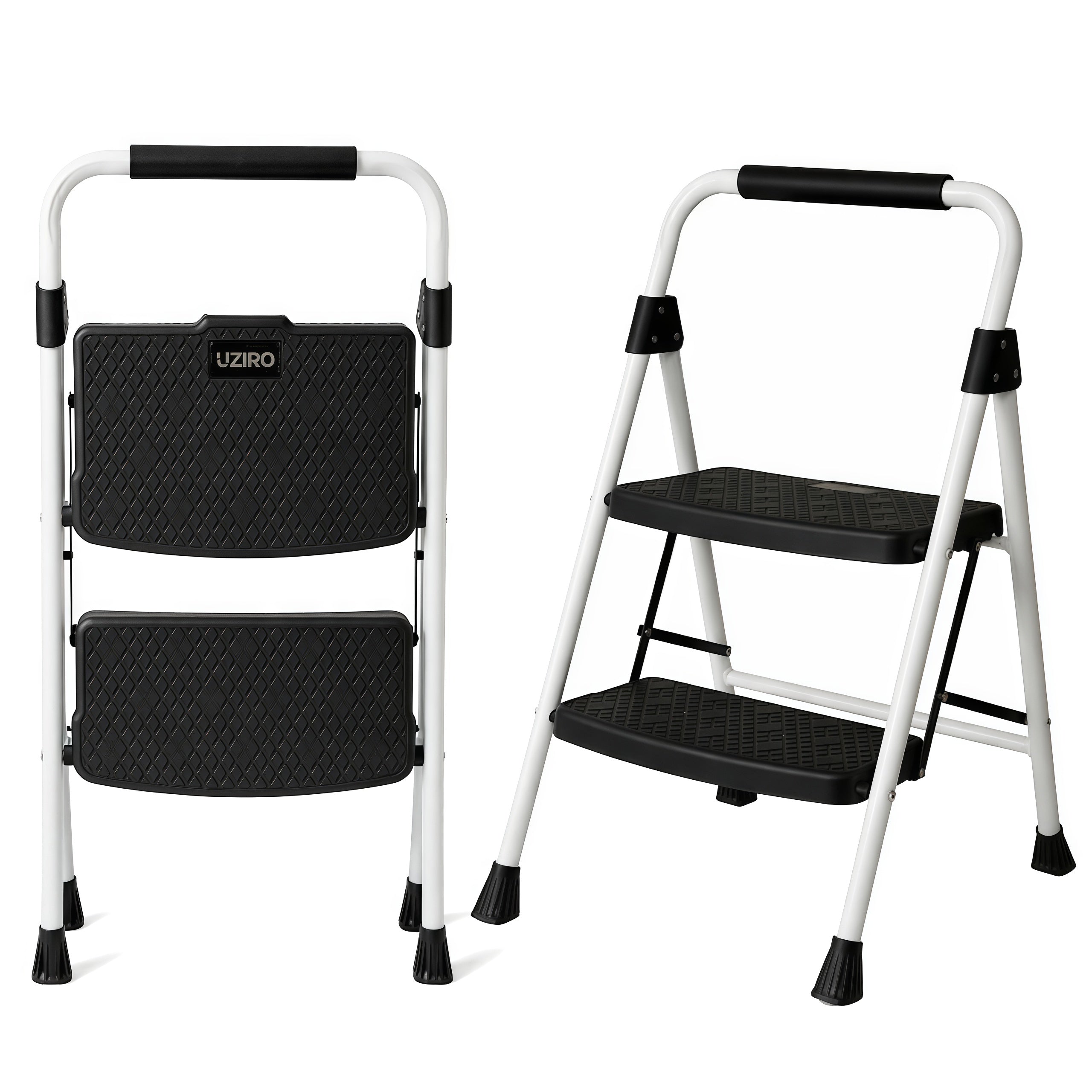 UZIRO Escalera Plegable 2 Peldaños, Estructura de Acero y Aluminio, Color Plateado, Peldaños Antideslizantes, Asa de Goma, para Hogar, Cocina, Oficina y Bricolaje