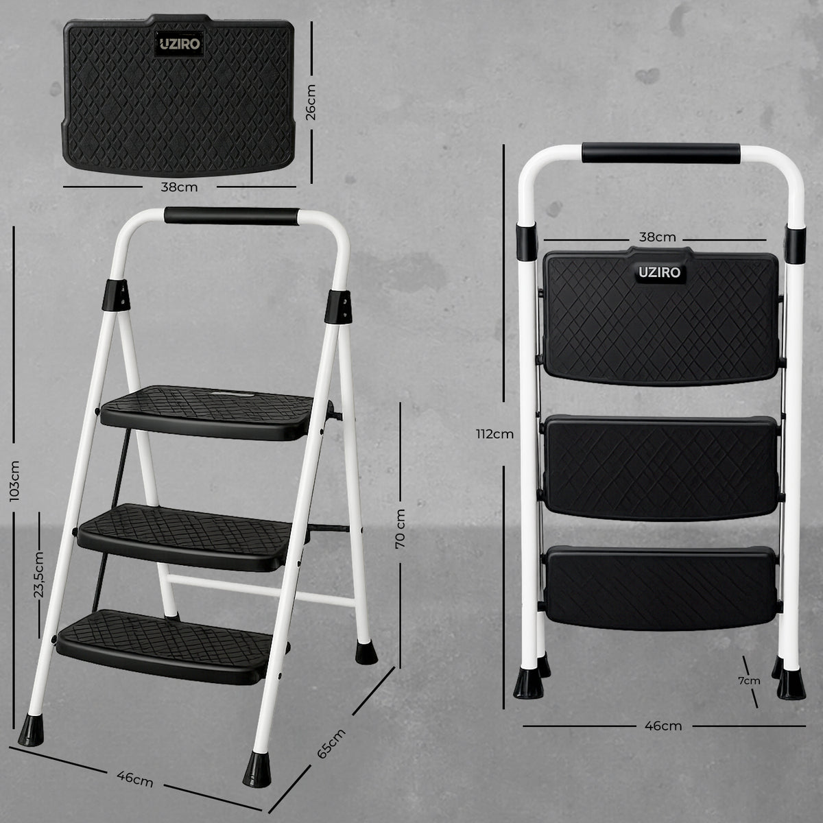 UZIRO Escalera liviana plegable blanca de acero y aluminio, 3 peldaños con asa de goma