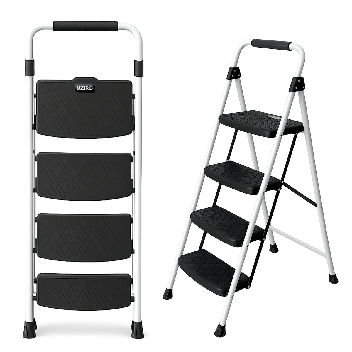 UZIRO Escalera Plegable 4 Peldaños, Blanco, Antideslizante, Estructura de Acero y Aluminio, Peldaños Antideslizantes, Asa de Goma, Para Hogar, Cocina, Oficina y Bricolaje