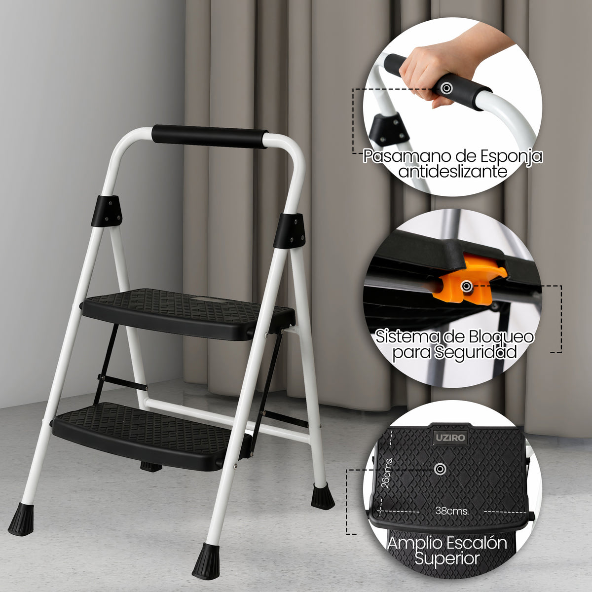 UZIRO Escalera liviana plegable de 2 peldaños, acero y aluminio con asa de goma