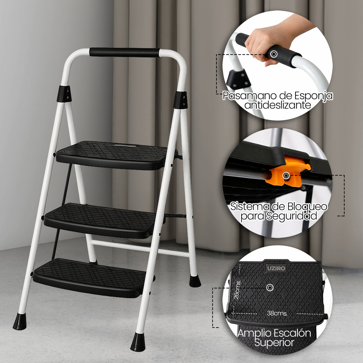 UZIRO Escalera liviana plegable blanca de acero y aluminio, 3 peldaños con asa de goma