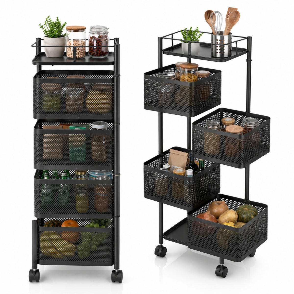 UZIRO Carrito Auxiliar con Ruedas, Verdulero Cocina 79 x 26 cm con 4 Cestas Giratorias, Ruedas 360° con Bloqueo, Capacidad de Carga más de 75 kg, Carrito Organizador, Frutero con Ruedas