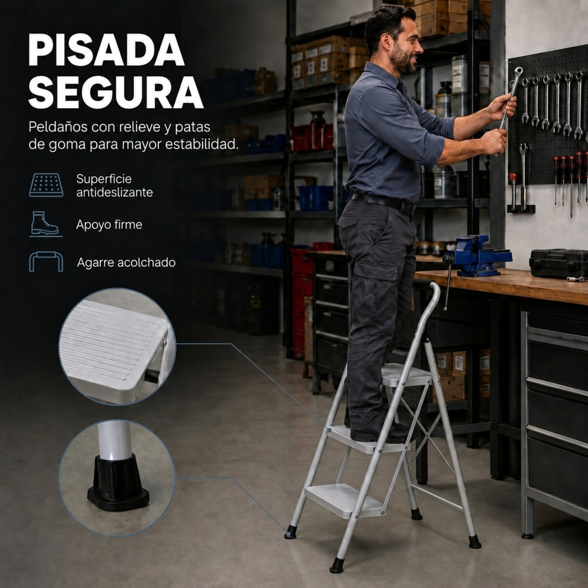UZIRO Escalera 3 Peldaños Plegable, Escalones y Patas Antideslizantes de Acero al Carbono, con Mango Acolchado y Estructura Reforzada, Escalera Plegable 3 Peldaños, Escaleras Plegables