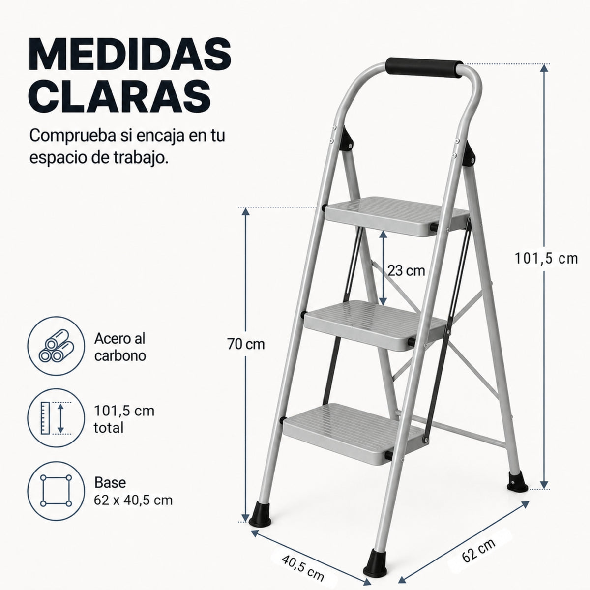 UZIRO Escalera 3 Peldaños Plegable, Escalones y Patas Antideslizantes de Acero al Carbono, con Mango Acolchado y Estructura Reforzada, Escalera Plegable 3 Peldaños, Escaleras Plegables