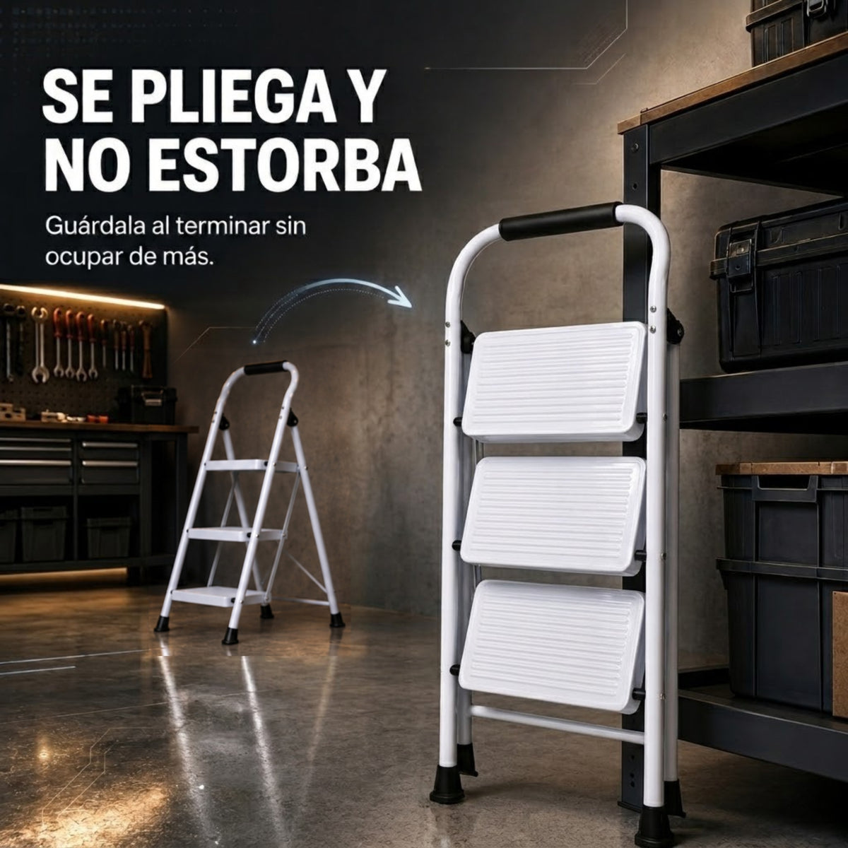 UZIRO Escalera 3 Peldaños Plegable, Escalones y Patas Antideslizantes de Acero al Carbono, Mango Acolchado y Estructura Reforzada, Escalera Plegable 3 Peldaños, Escaleras Plegables