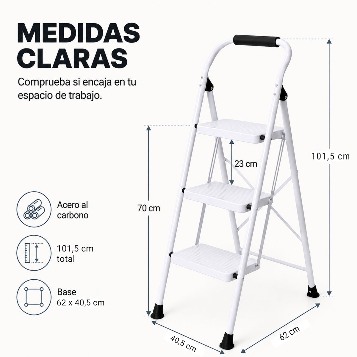 UZIRO Escalera 3 Peldaños Plegable, Escalones y Patas Antideslizantes de Acero al Carbono, Mango Acolchado y Estructura Reforzada, Escalera Plegable 3 Peldaños, Escaleras Plegables