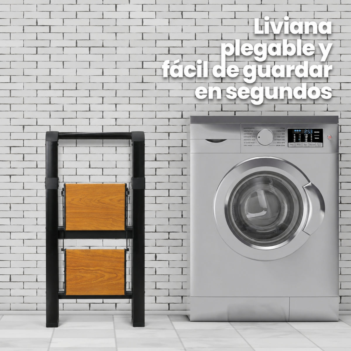 UZIRO Escalera liviana plegable de aluminio, 2 peldaños con acabado imitación madera