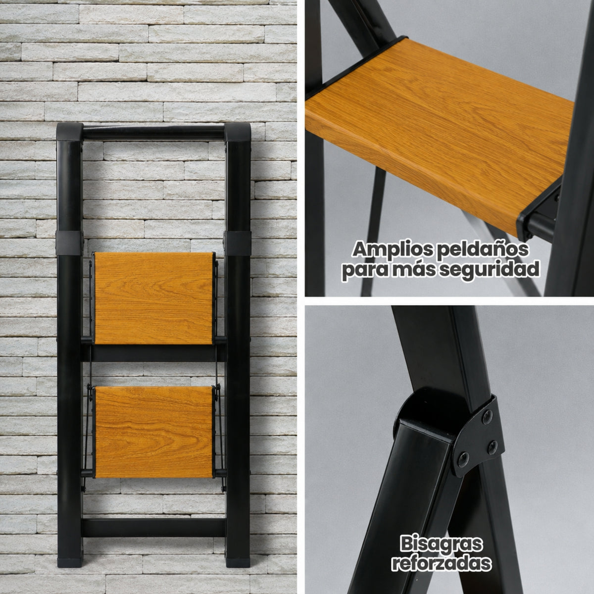 UZIRO Escalera liviana plegable de aluminio, 2 peldaños con acabado imitación madera