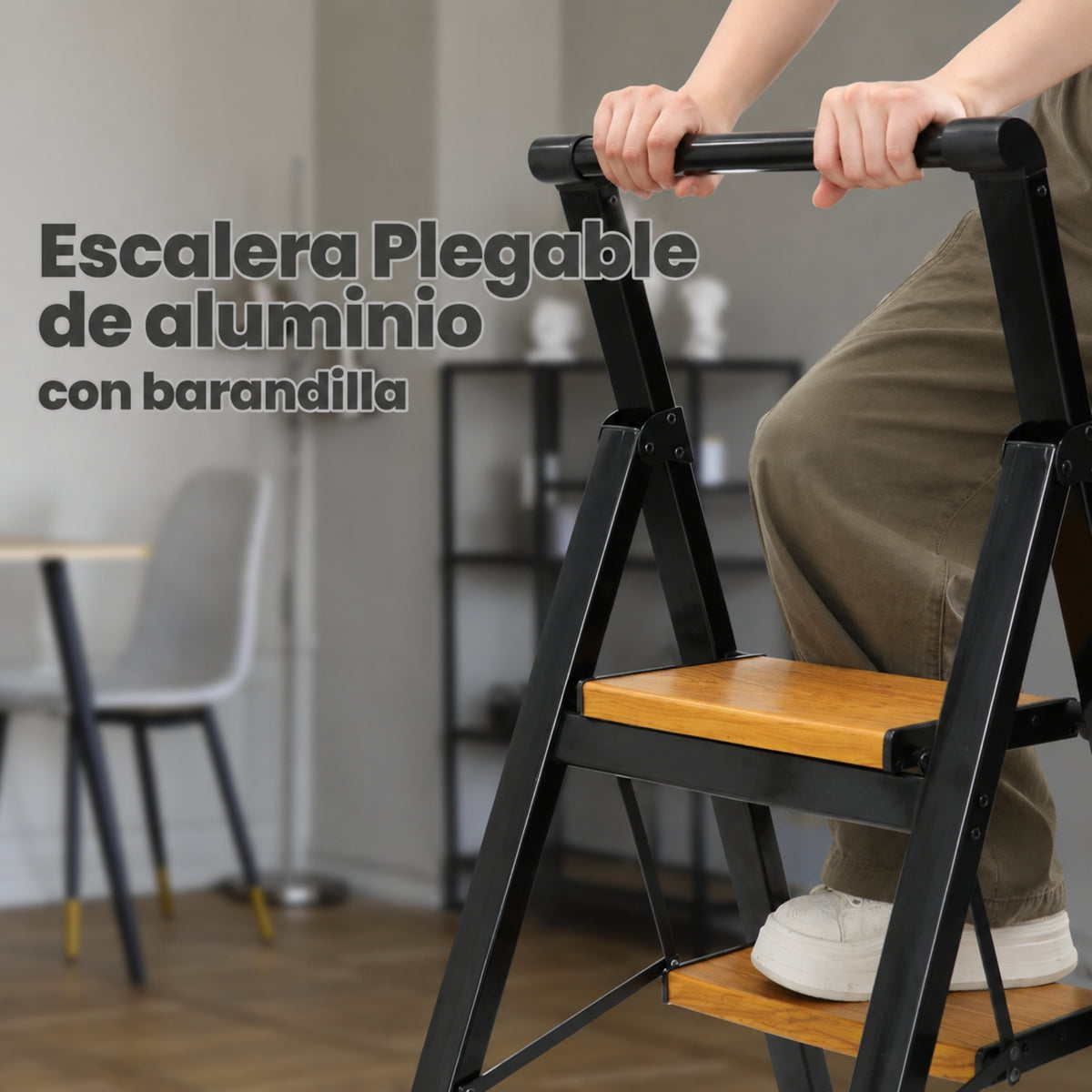 UZIRO Escalera liviana plegable de aluminio, 2 peldaños con acabado imitación madera