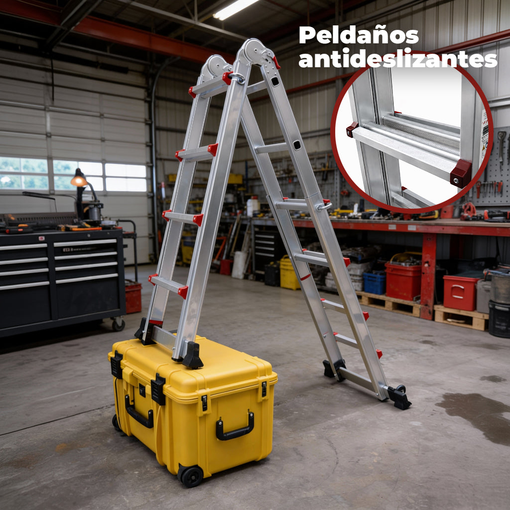 UZIRO Escalera telescópica articulada de aluminio 4×4, 3,98 m con estabilizador y ruedas