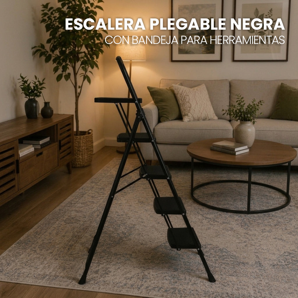 Escalera de Acero con Portaherramientas, 4 Peldaños Anchos, Color Negro