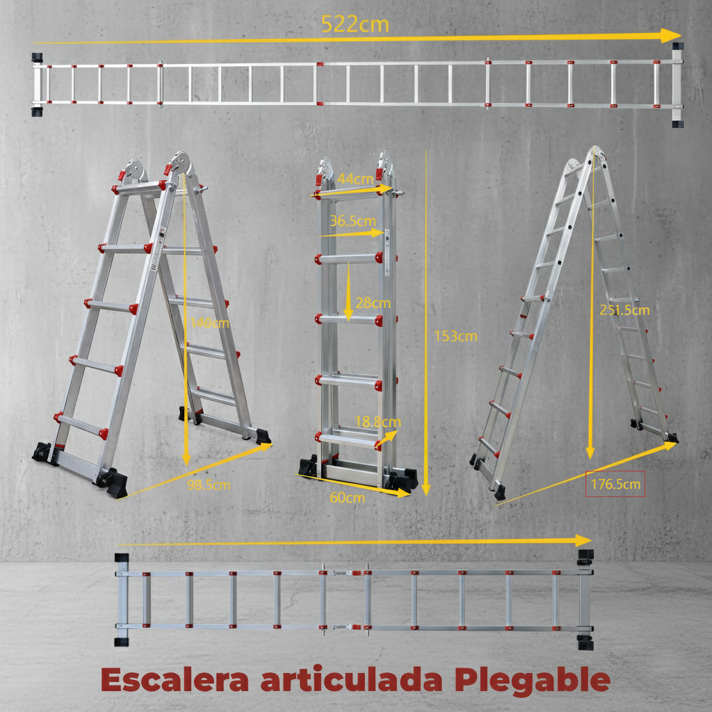 UZIRO Escalera telescópica articulada de aluminio 4×5, 5,19 m con estabilizador y ruedas