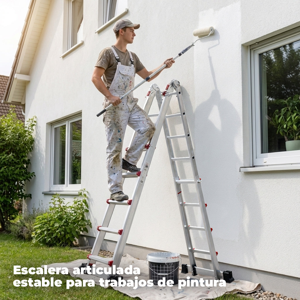 UZIRO Escalera telescópica articulada de aluminio 4×5, 5,19 m con estabilizador y ruedas