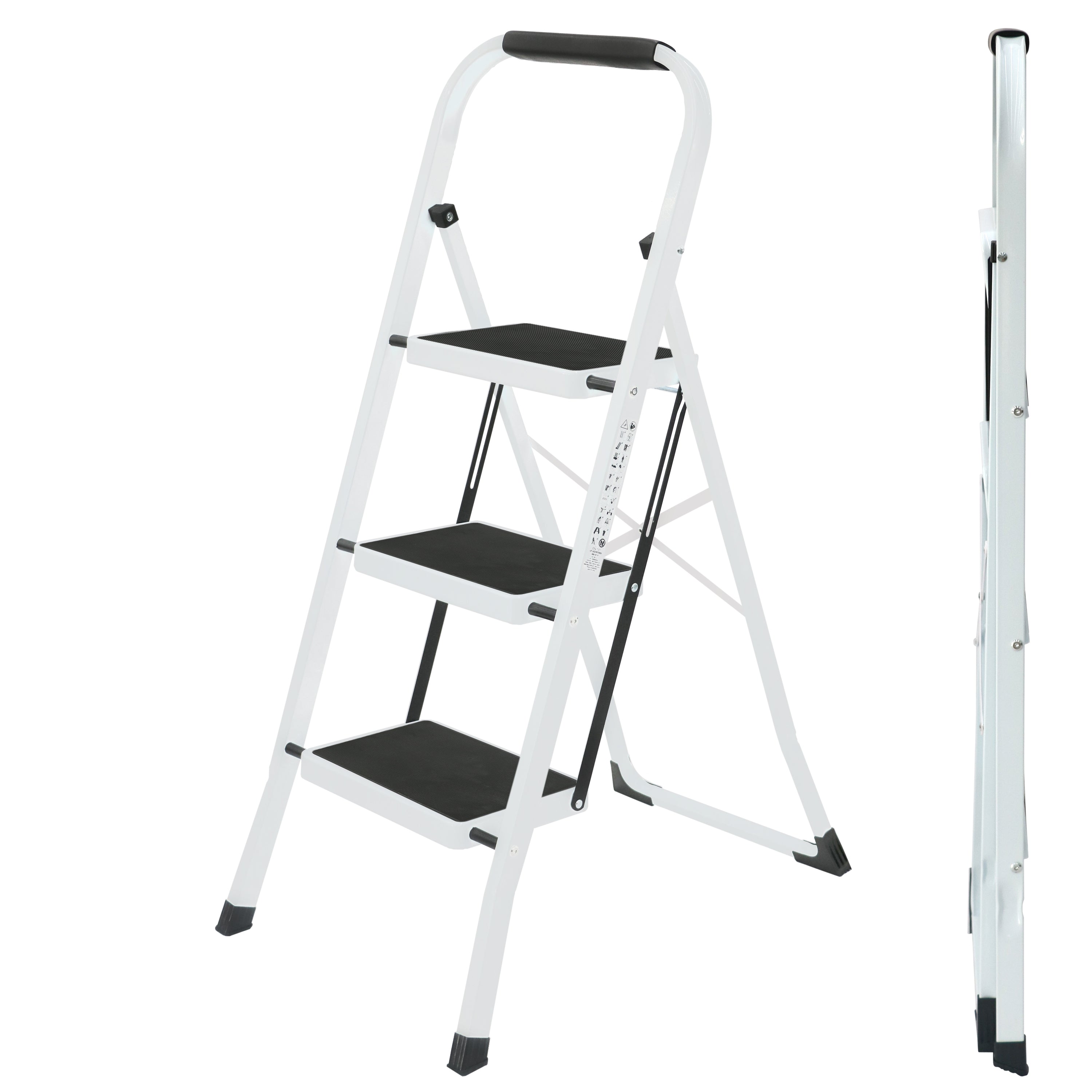UZIRO Escalera Plegable 3 Peldaños -Estructura de Acero y Peldaño Antideslizante - Asa Superior de Goma - Escaleras Plegables Domésticas - Step Ladder para Hogar