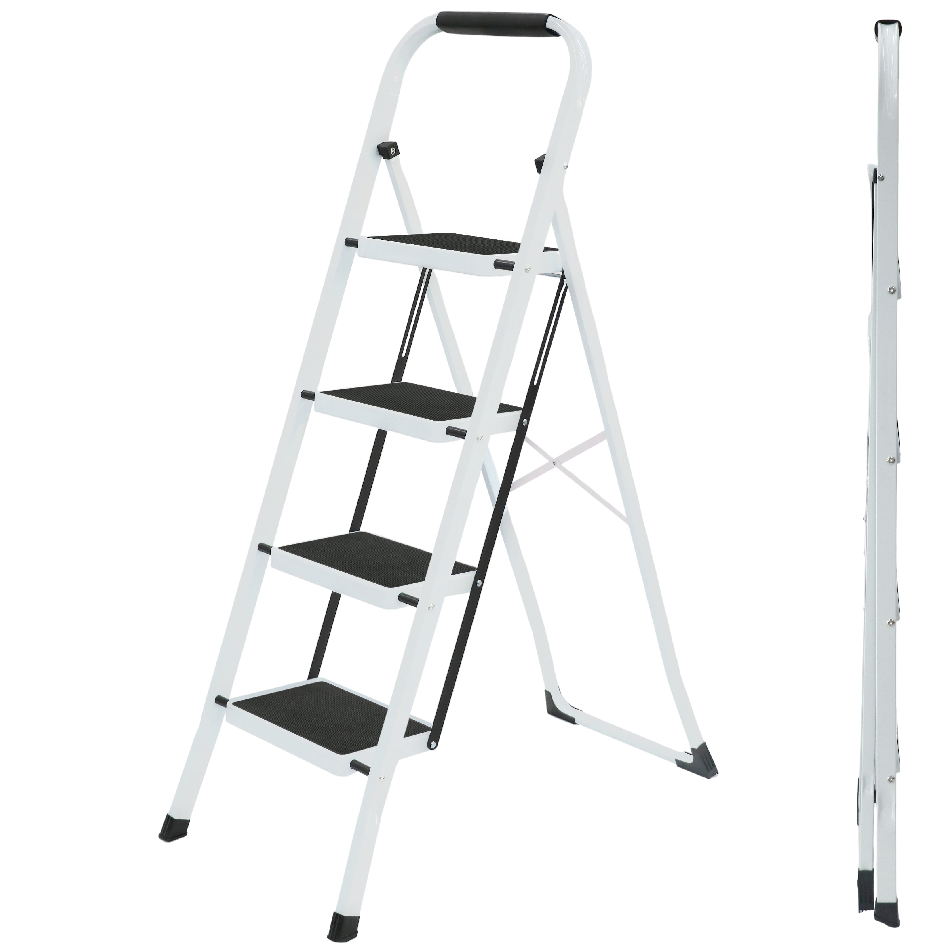 UZIRO Escalera Plegable 4 Peldaños -Estructura de Acero y Peldaño Antideslizante - Asa Superior de Goma - Escaleras Plegables Domésticas - Step Ladder para Hogar