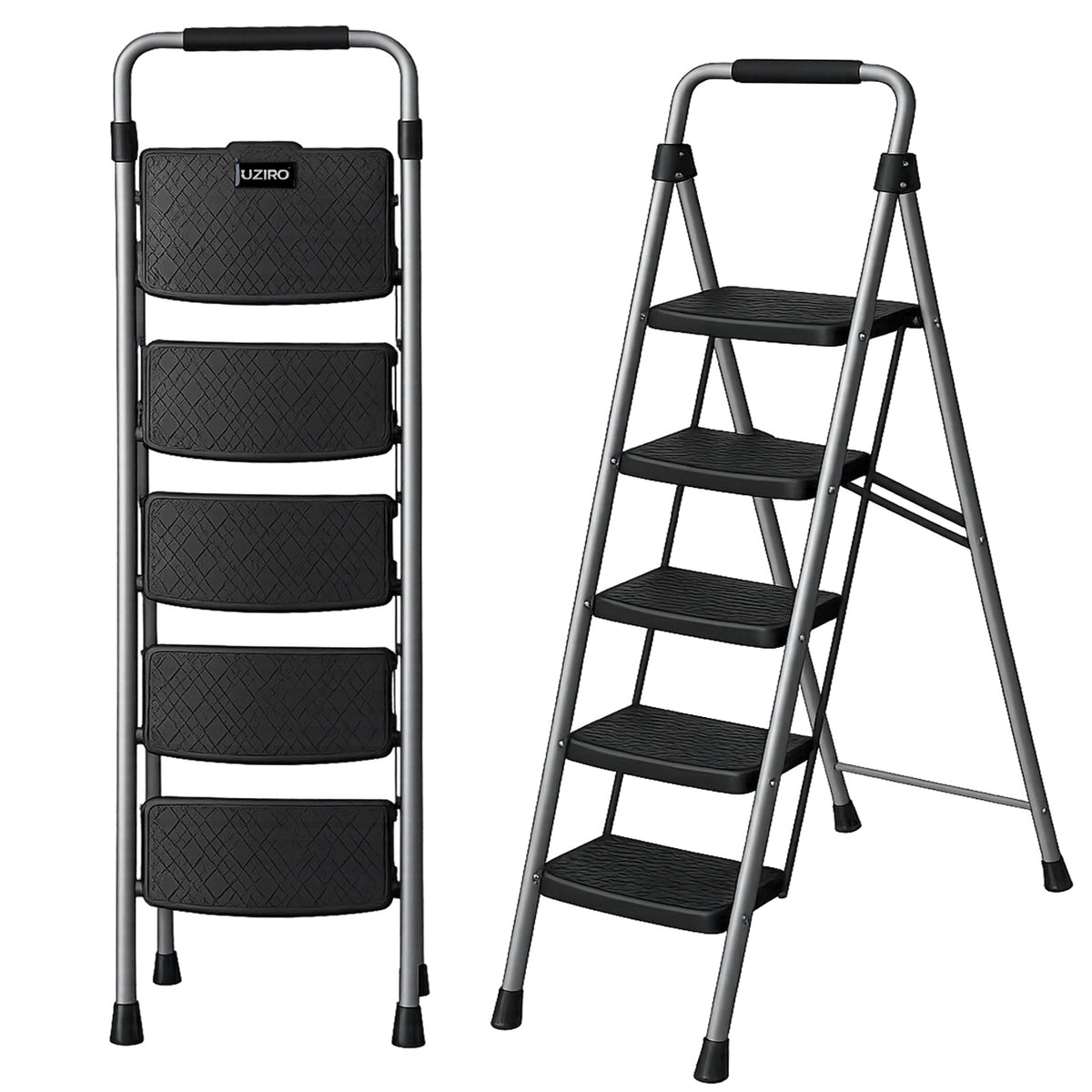 UZIRO Escalera Plegable 5 Peldaños de Acero y Aluminio, Escalera Pequeña Plateada con Peldaños Antideslizantes, Asa de Goma, para Hogar, Cocina, Oficina y Bricolaje