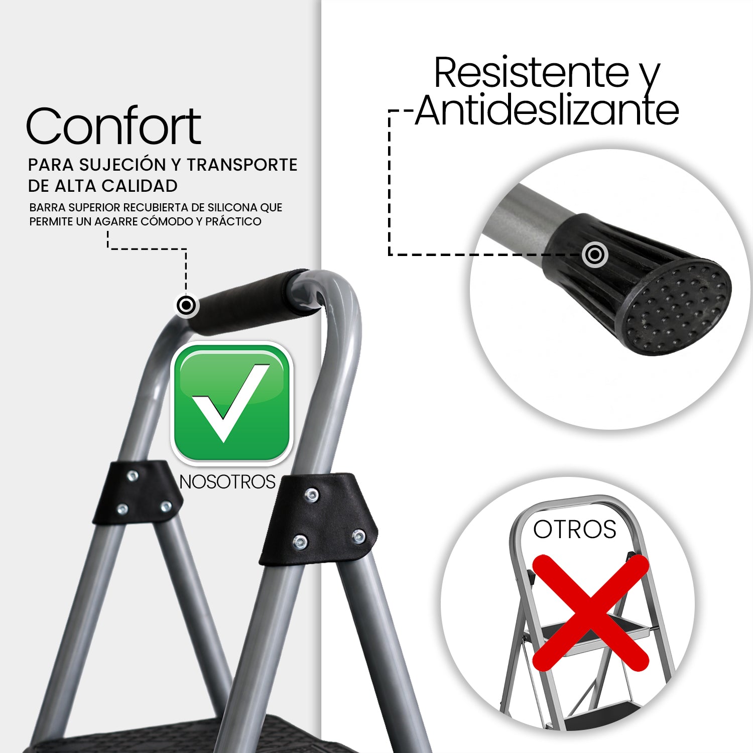 UZIRO Escalera Plegable 2 Peldaños, Estructura de Acero y Aluminio, Color Plateado, Peldaños Antideslizantes, Asa de Goma, para Hogar, Cocina, Oficina y Bricolaje