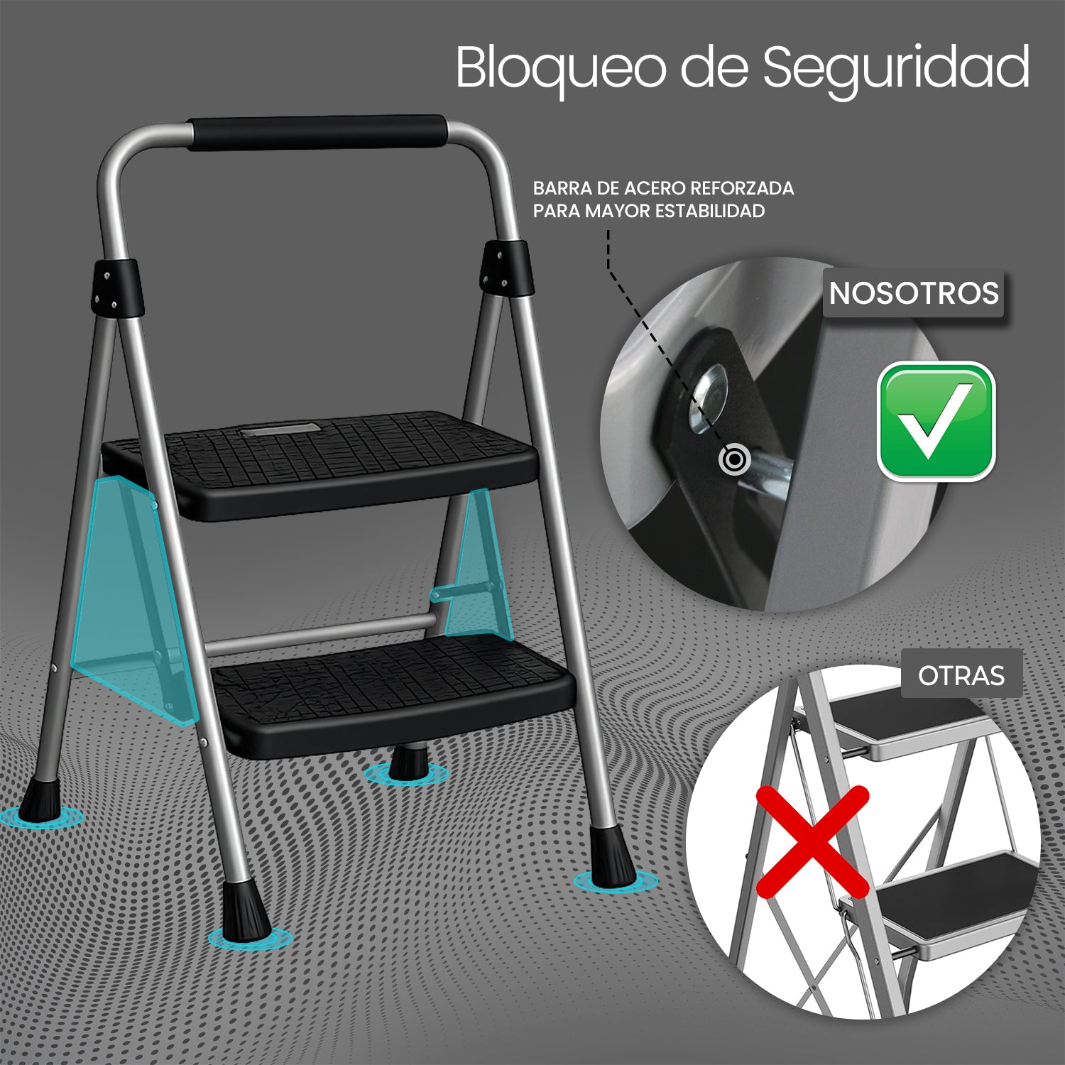 UZIRO Escalera Plegable 2 Peldaños, Estructura de Acero y Aluminio, Color Plateado, Peldaños Antideslizantes, Asa de Goma, para Hogar, Cocina, Oficina y Bricolaje