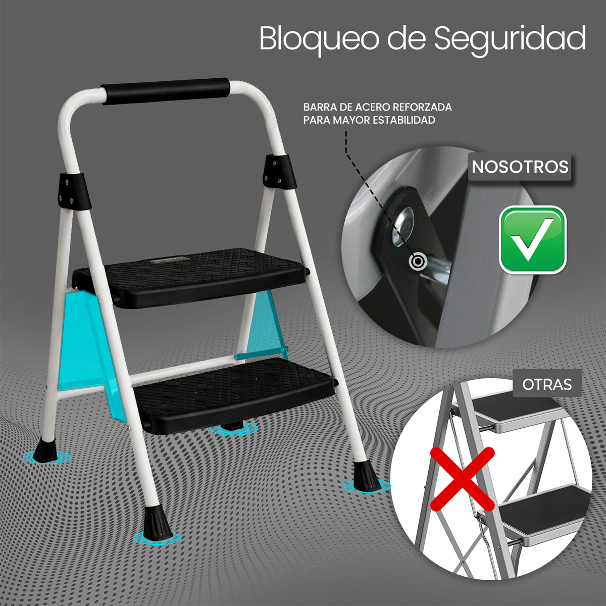 UZIRO Escalera liviana plegable de 2 peldaños, acero y aluminio con asa de goma