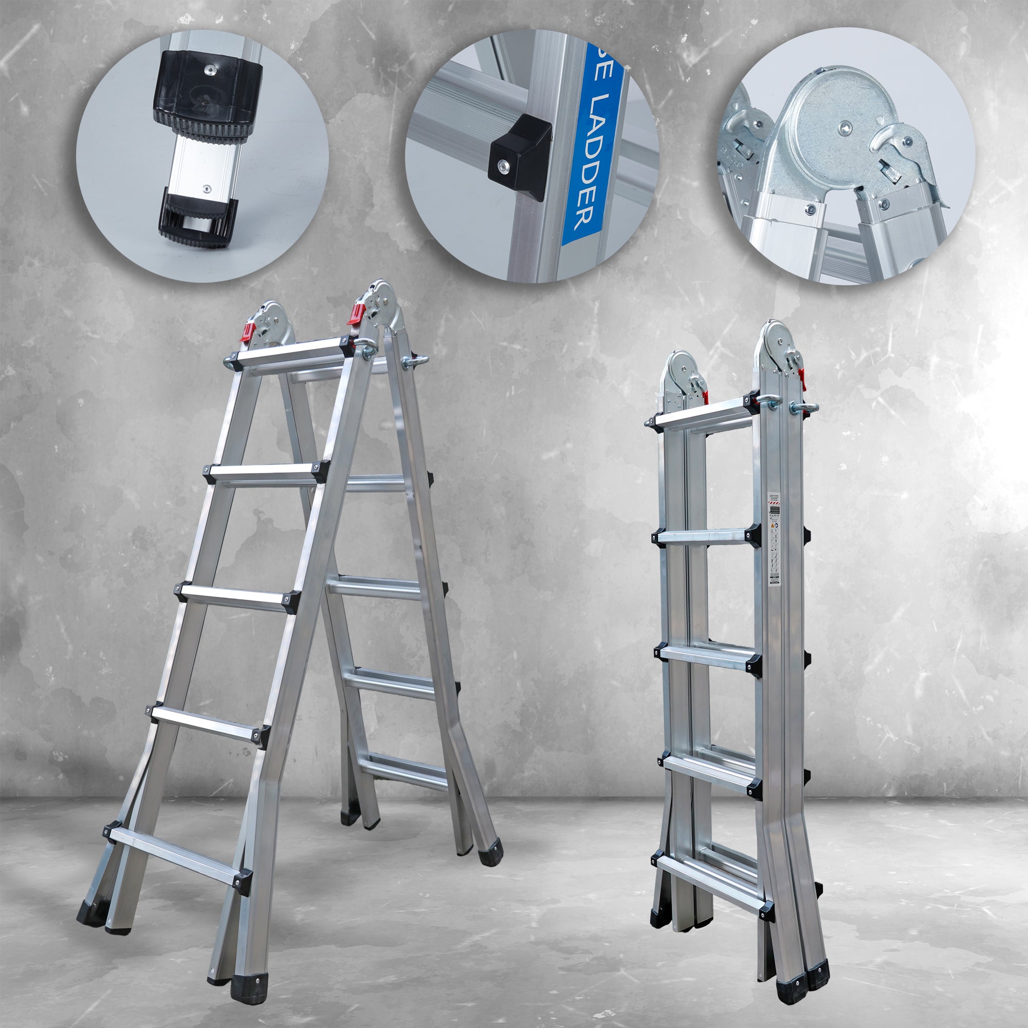 UZIRO Escalera Telescópica Plegable Articulada de Aluminio 4x5, Escaleras Multiposición Extensibles ,5,10 M, 5 Peldaños, Soporta hasta 150 KG, Plegable y Compacta.