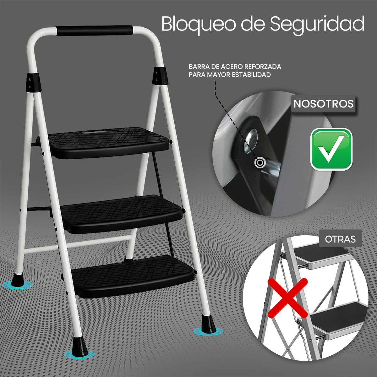 UZIRO Escalera liviana plegable blanca de acero y aluminio, 3 peldaños con asa de goma
