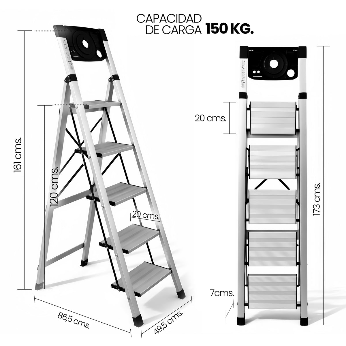 UZIRO Escalera liviana de aluminio, 5 peldaños y portaherramientas integrado de cierre compacto