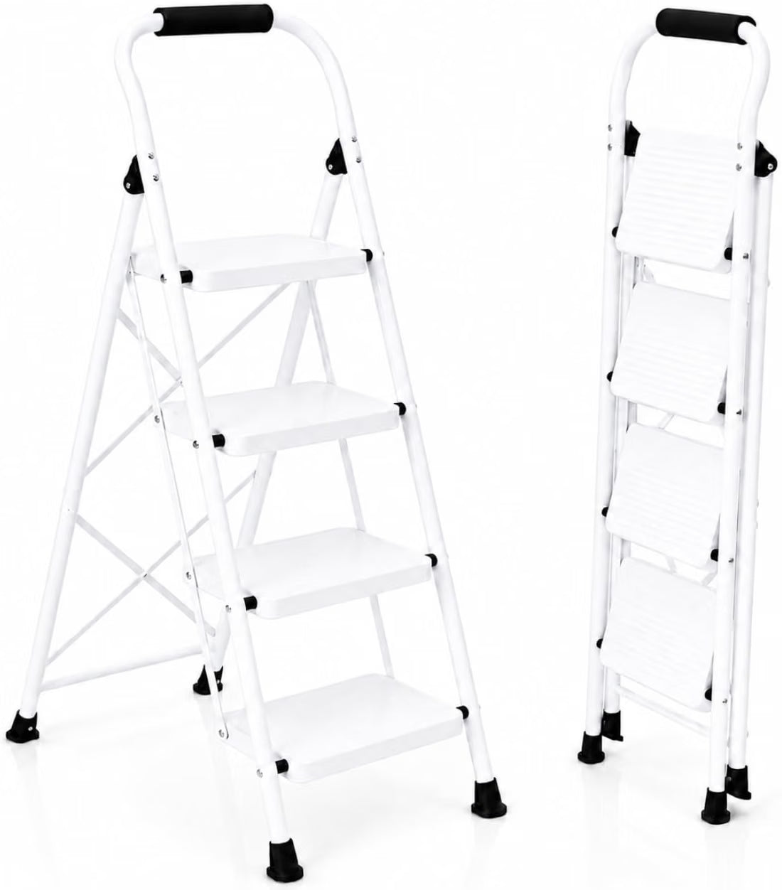 UZIRO Escalera 4 Peldaños Plegable, Escalones y Patas Antideslizantes de Acero al Carbono, Mango Acolchado y Estructura Reforzada, Escalera Plegable 4 Peldaños, Escaleras Plegables