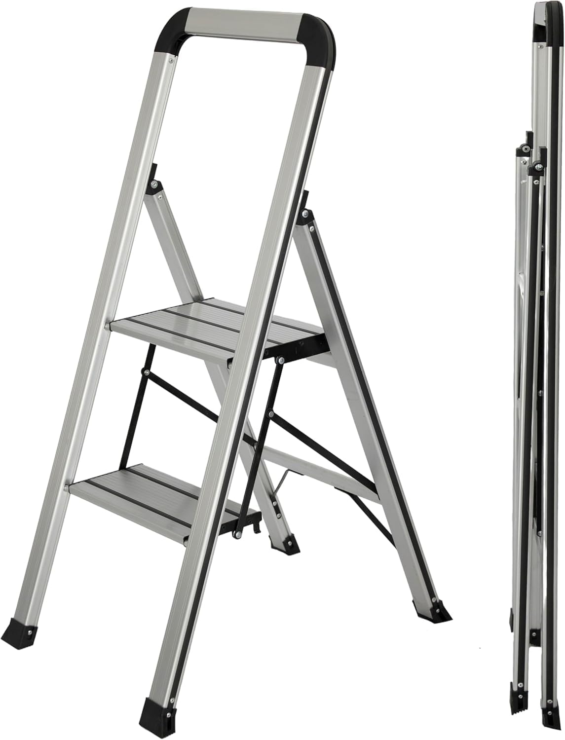 UZIRO Escalera 2 Peldaños, Escaleras Plegables de Aluminio Liviana, Decorativa, Peldaños Anchos Antideslizantes, Mecanismo Antiplegado, Compacta, Fácil de Guardar (2 Peldaños)