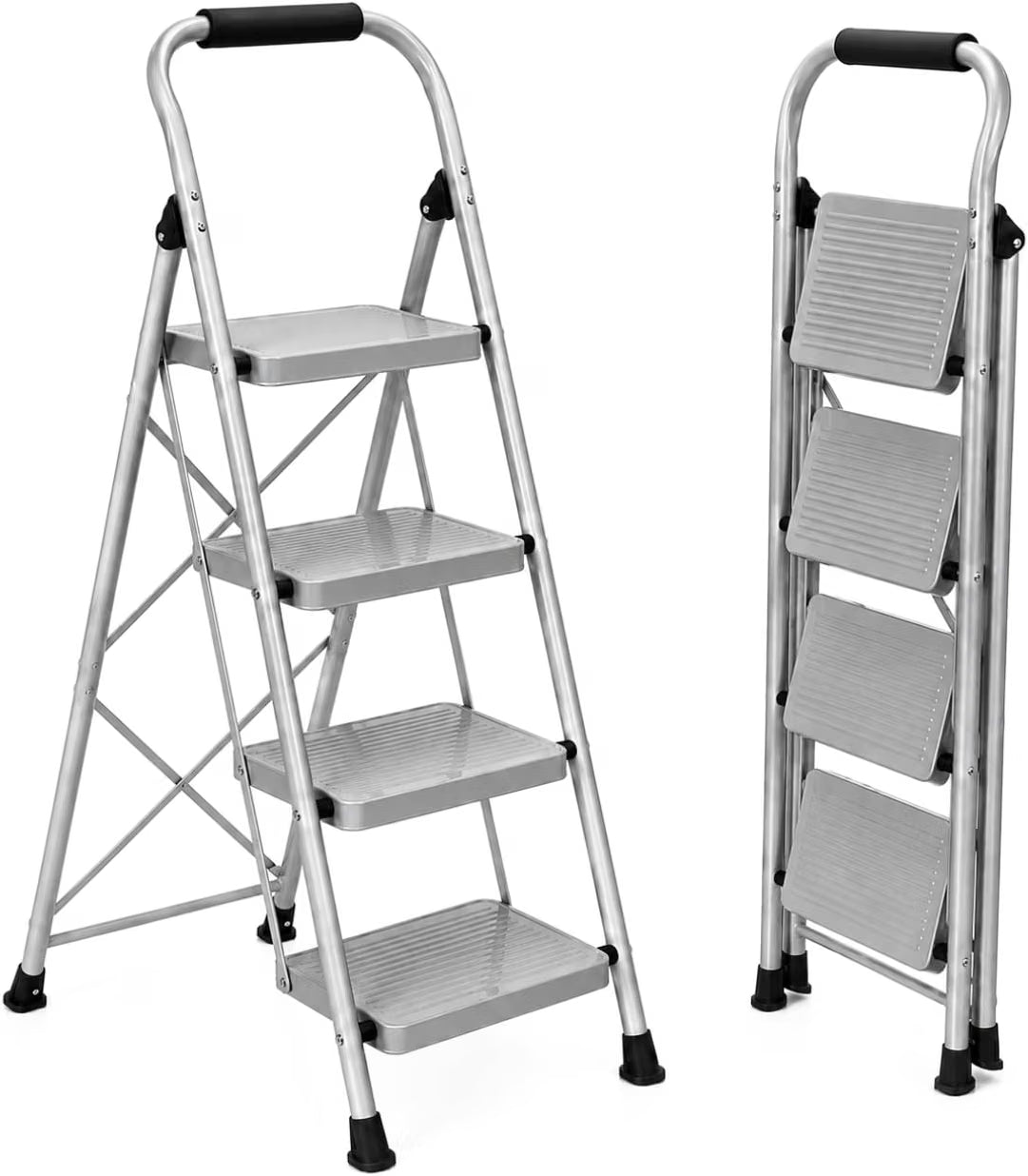 UZIRO Escalera 4 Peldaños Plegable, Escalones y Patas Antideslizantes de Acero al Carbono, con Mango Acolchado y Estructura Reforzada, Escalera Plegable 4 Peldaños, Escaleras Plegables