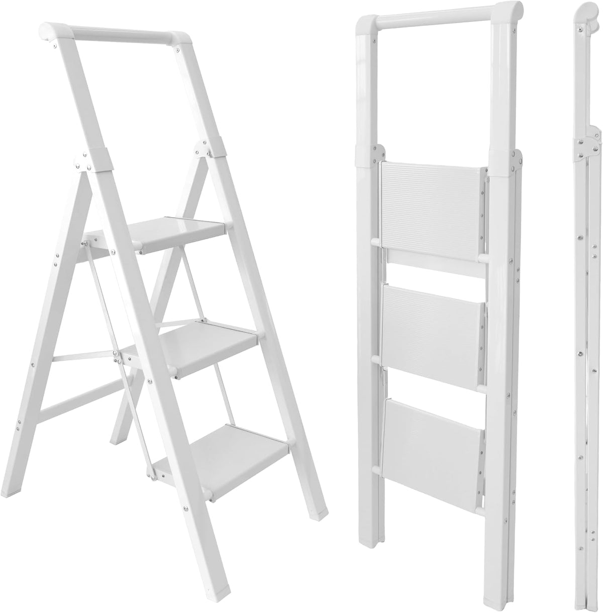 UZIRO Escaleras Plegables 3 Peldaños, Escalera de Aluminio 3 Peldaños Anchos, Sistema Antideslizante, Muy Liviana y Facil de Guadar