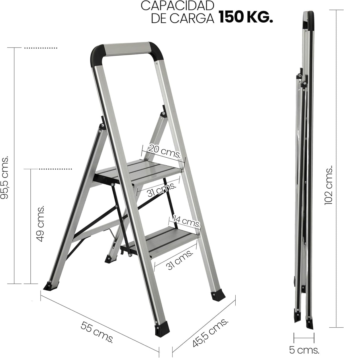 UZIRO Escalera plegable de aluminio 2 peldaños, antideslizante, con mecanismo antiplegado