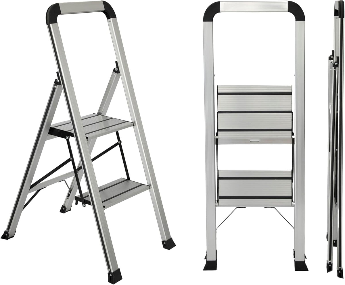 UZIRO Escalera 2 Peldaños, Escaleras Plegables de Aluminio Liviana, Decorativa, Peldaños Anchos Antideslizantes, Mecanismo Antiplegado, Compacta, Fácil de Guardar (2 Peldaños)