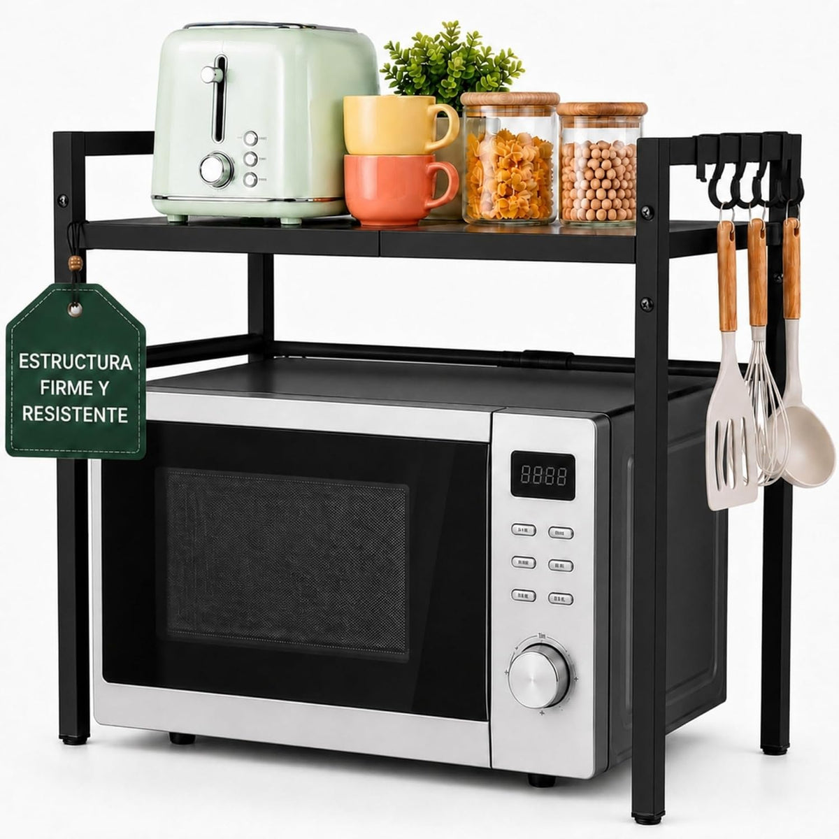 UZIRO Estante Microondas Extensible 40-64 cm, Ajustable de Acero al Carbono, Incluye 4 Ganchos, Patas Ajustables y Soporta hasta 30 kg, Soporte Microondas Encimera, Estanteria Cocina Encimera