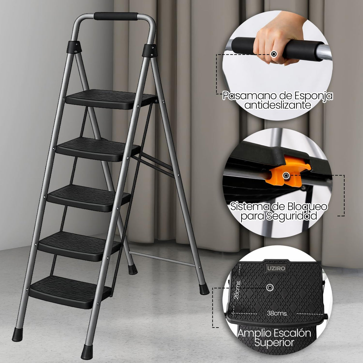 UZIRO Escalera liviana plegable plateada de acero y aluminio, 5 peldaños con asa de goma