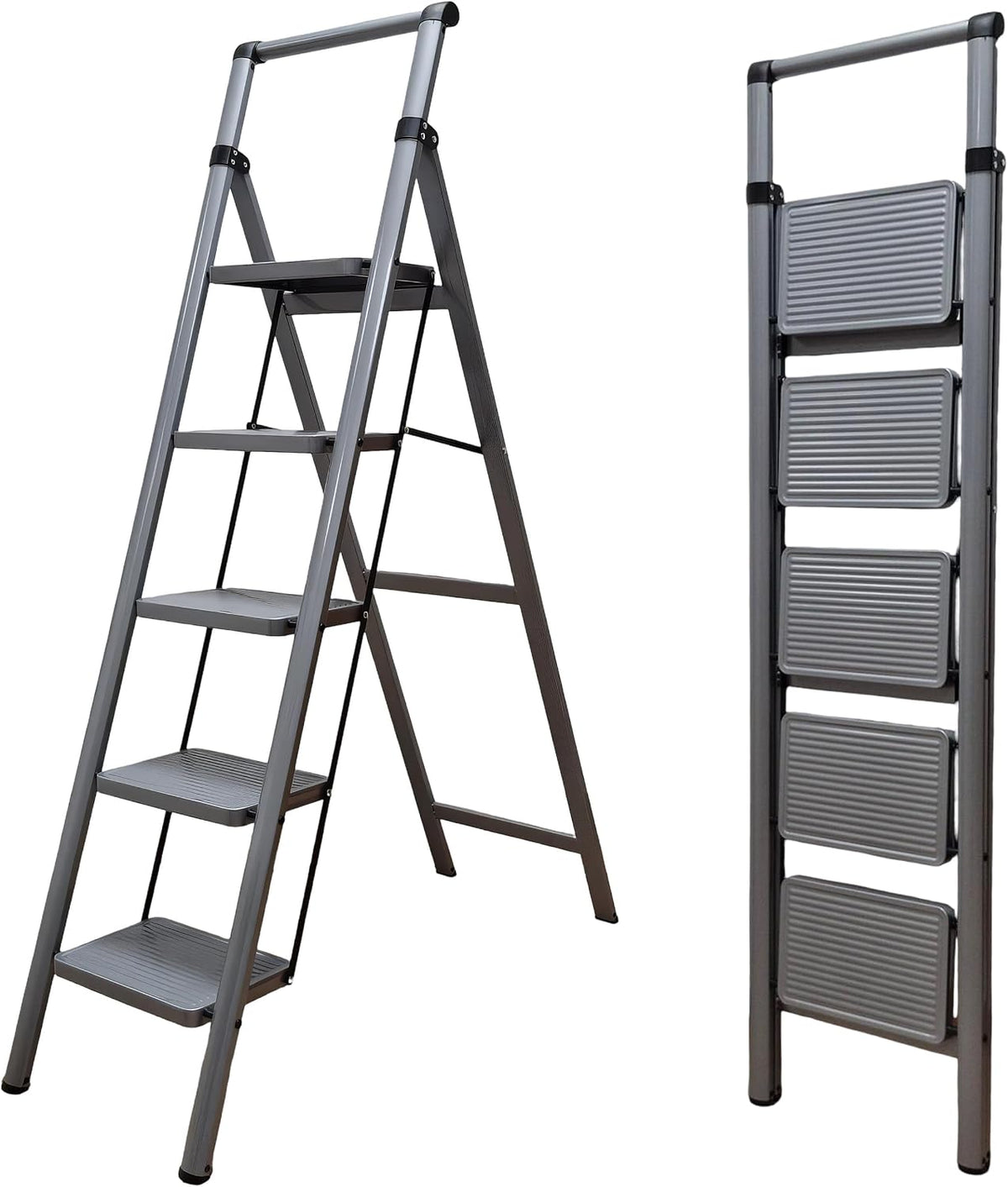 UZIRO Escalera Plegable 5 Peldaños, Liviana y Compacta, Diseño Decorativo, Peldaños Anchos Antideslizantes, Ideal para Uso en Hogar, Cocina y Oficina, Fácil de Guardar (Gris, 5 Peldaños)