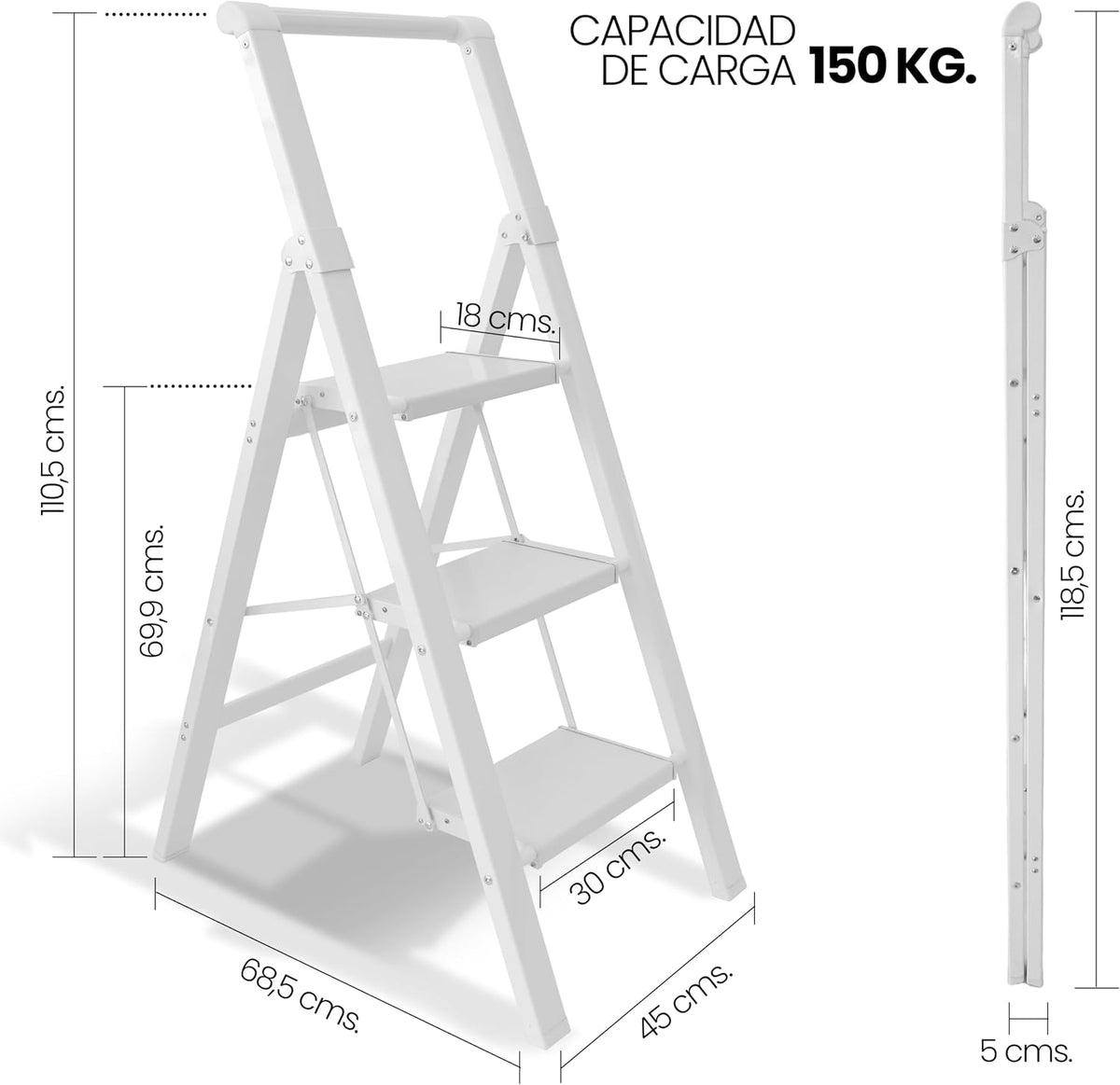 UZIRO Escalera plegable de aluminio 3 peldaños amplios antideslizantes, ligera y compacta