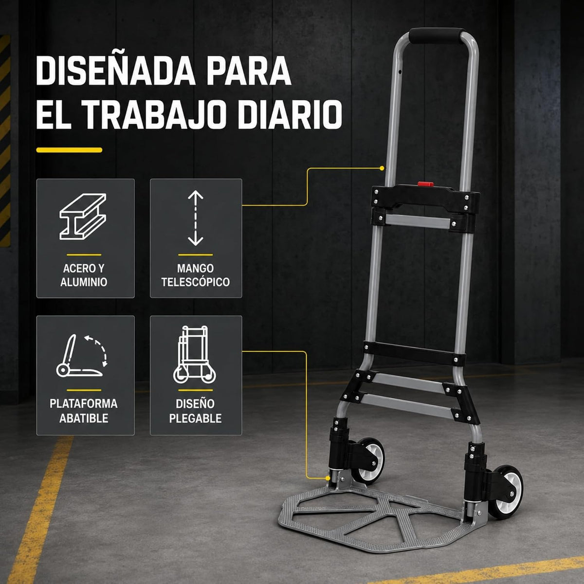 UZIRO Carretilla plegable 75 kg de acero y aluminio con mango telescópico
